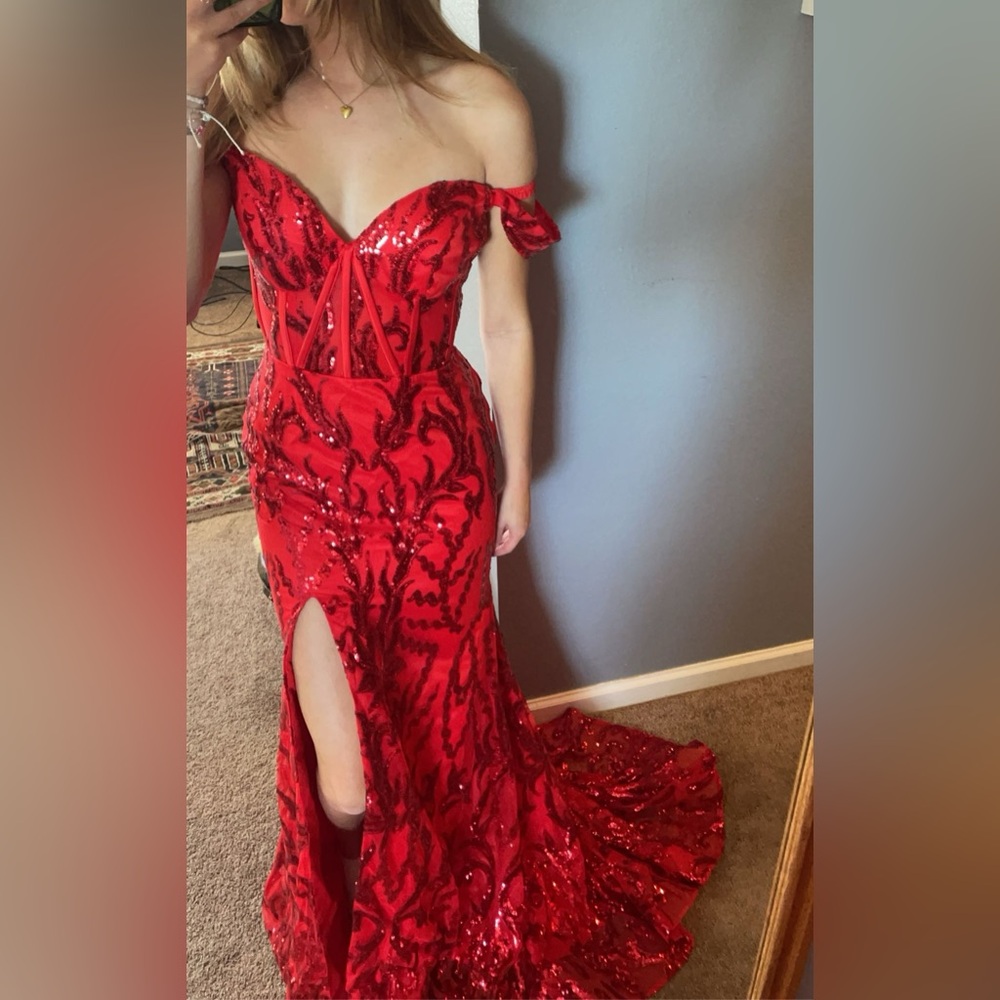 Red dress off the shoulder